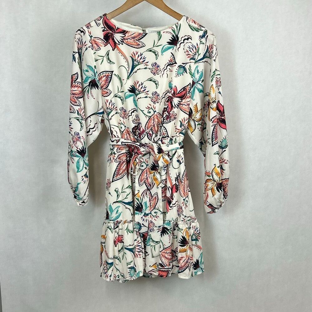 Baltic Born Floral Mini Dress Sz Small Ivory Elastic Waist, 3/4 Puff Sleeve, Ruf